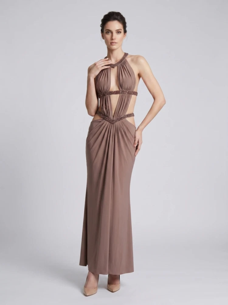 Halter Neck Long Dress – Slim Cutout Backless – Polyester – Brown | KIMLUD