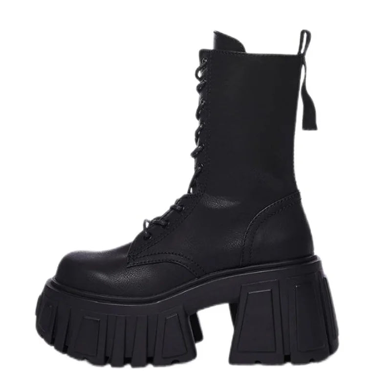 Women Punk Boots 8cm Platform Classic Versatile Design Shoes Leather Cool Boot Chunky High Quality Lace Up Casual Outdoor Shoes
