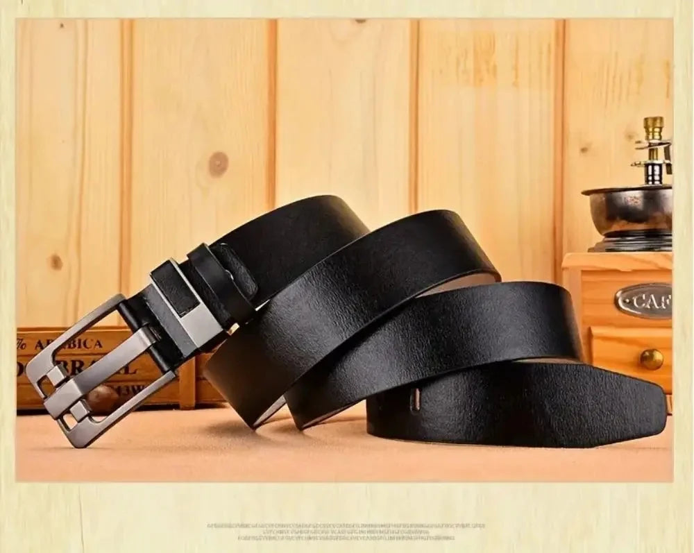 Matte PU Leather Belt Refined Grain Buckle Metal Hardware 3.8cm Width — Black | KIMLUD