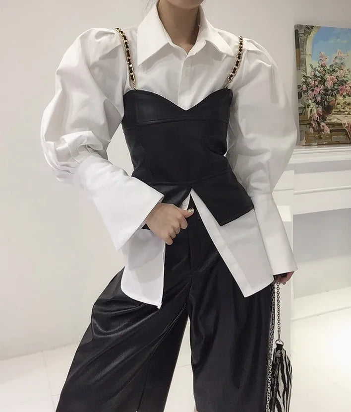 PU Leather Vest Two-Piece Shirt Set With Oversized Bubble Sleeves And Chain Detail — White | KIMLUD