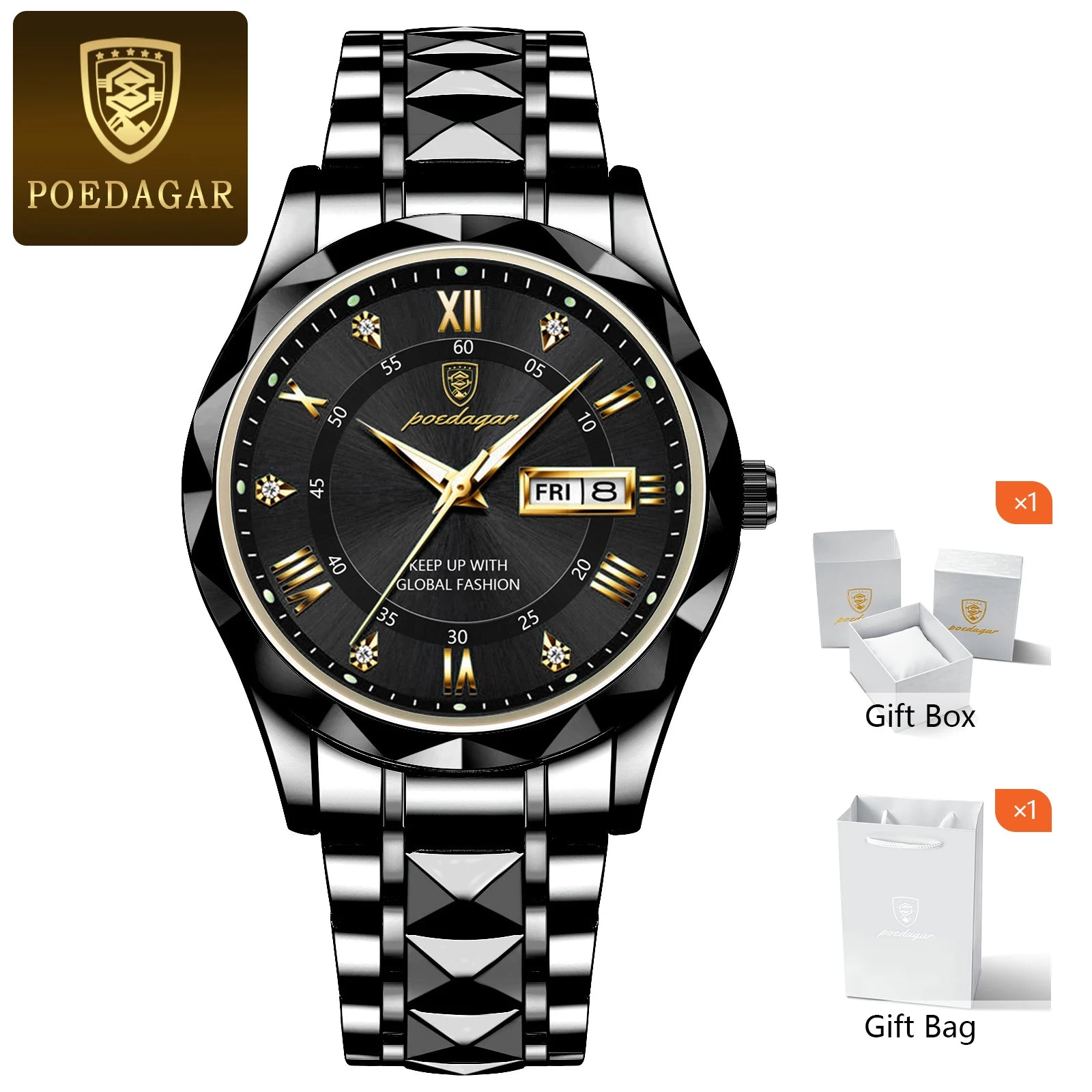 POEDAGAR Luxury Men's Watches Waterproof Luminous Date Week Watch For Man Stainless Steel Quartz Casual Men Wristwatch+Box Gift