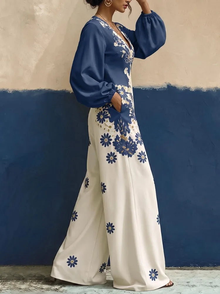 Jumpsuit – Floral Print – Polyester – V-Neck Puff Sleeves | KIMLUD