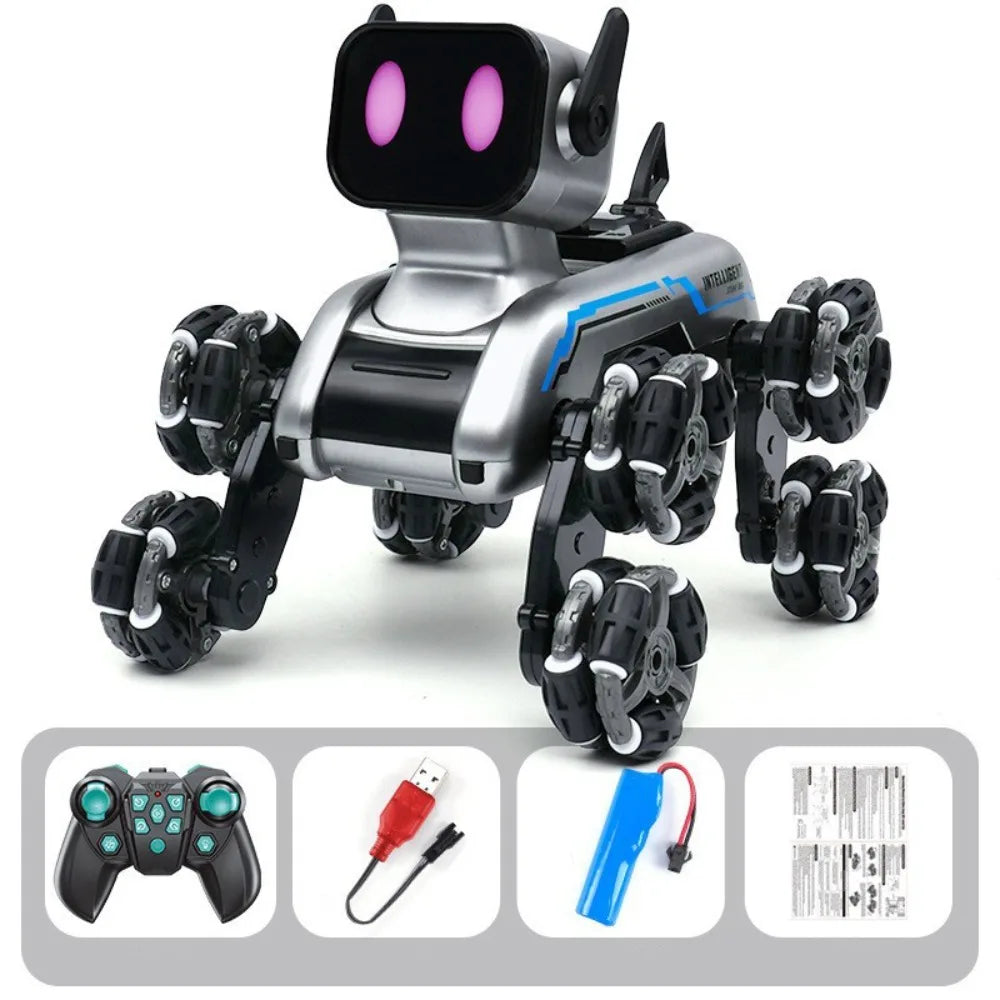 Creative Plastic RC AI Robot Silver Eight Wheeled Stunt Drift Robot Dog Remote Control Toy Dog Children's Gift