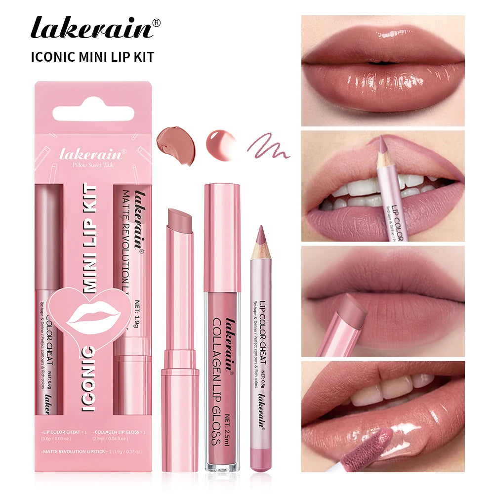 lakerain 3pcs mini matte lipstick+lip gloss+lip liner set precise outline three-dimensional lip plumping lipstick set