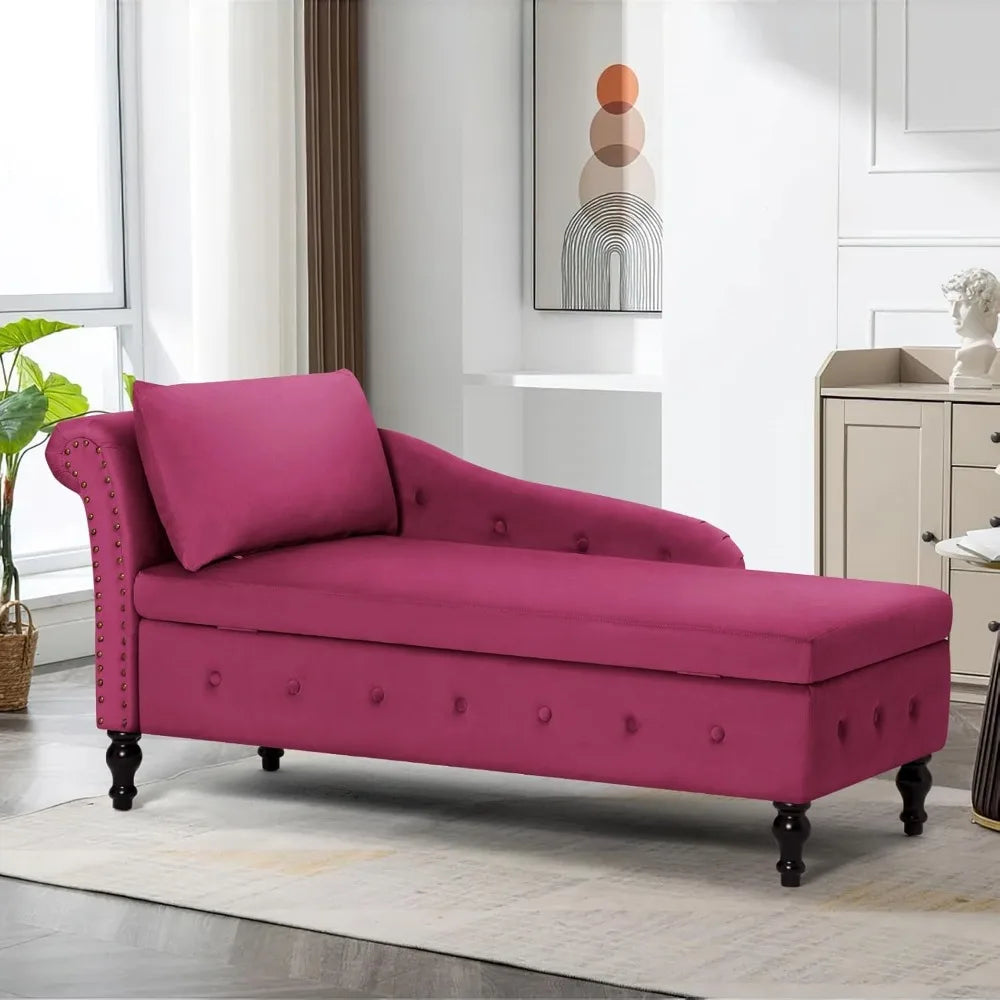 Velvet Chaise Lounge with Left Armrest & Storage Space,Button Tufted Lounge Chair w/Lumbar Pillow,Modern Upholstered Lounge Chai