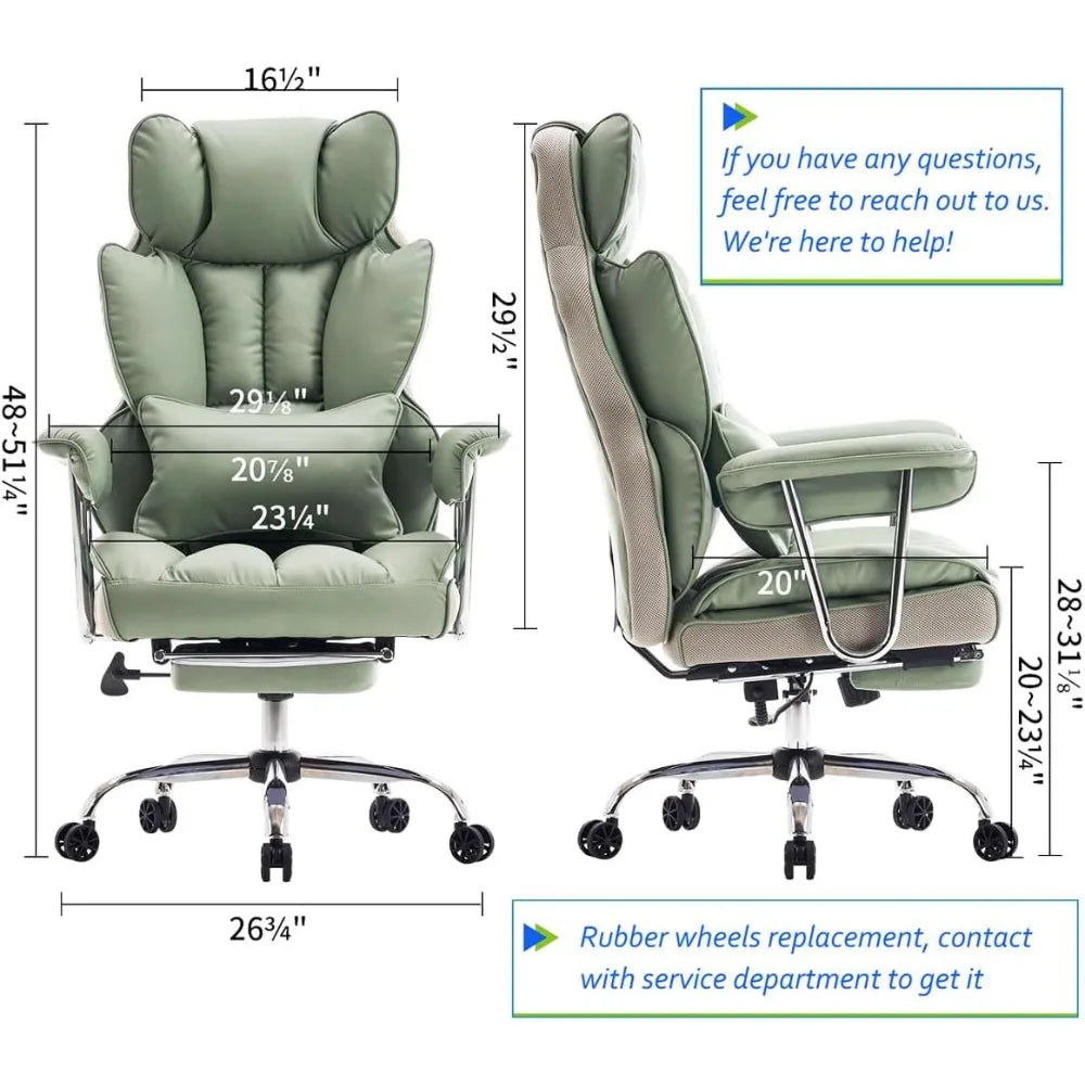 PU Leather Heavy-Duty Executive Office Chair With Footrest For Plus-Size — Sage Green | KIMLUD