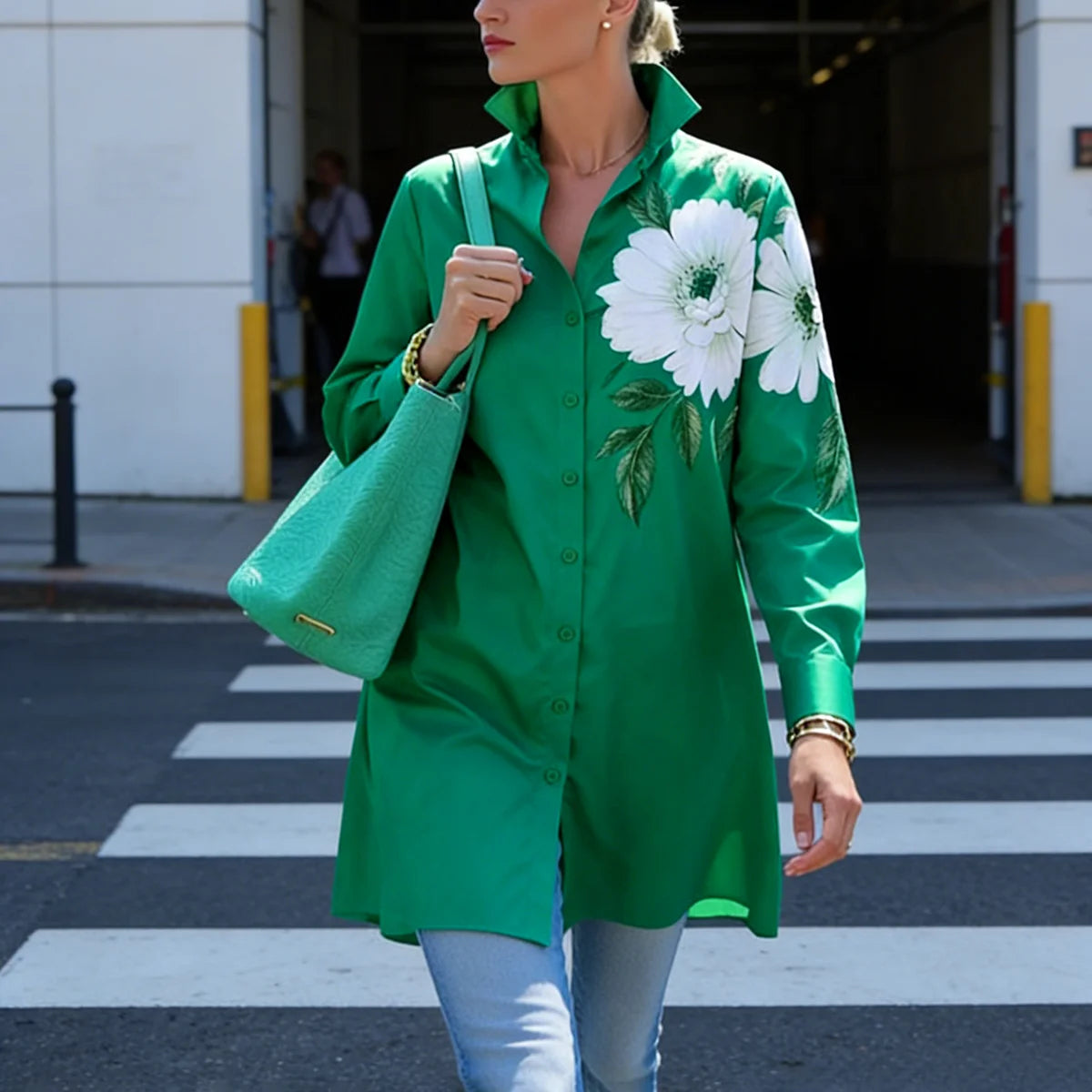 Oversized Shirt Floral Print With Long Sleeves And Buttoned Lapel — Green | KIMLUD