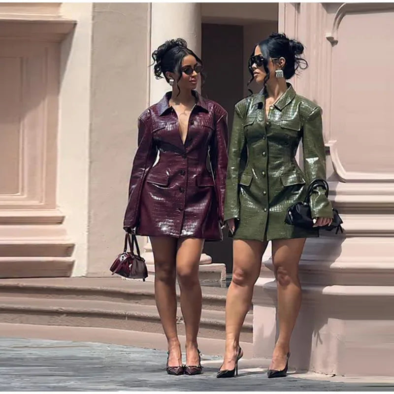 2026 Spring New Leather Blazer Mini Dress For Women Chic Lapel Long Sleeve Pockets Suit Jacket Lady Chic Single Breasted Outwear