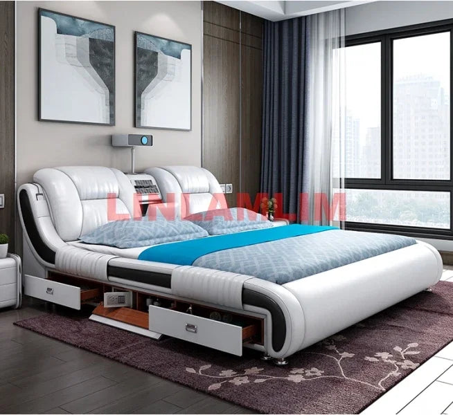 Genuine Leather Bed Frame With Built In Storage And Bluetooth — White | KIMLUD