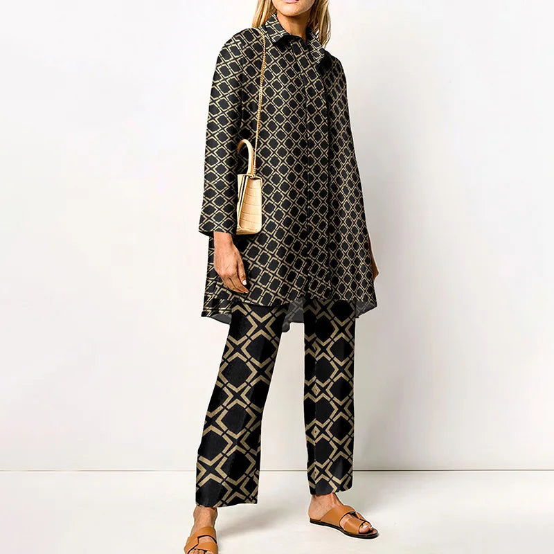 Two Piece Set – Loose Vintage Printed – Synthetic Fiber – Wide Leg | KIMLUD