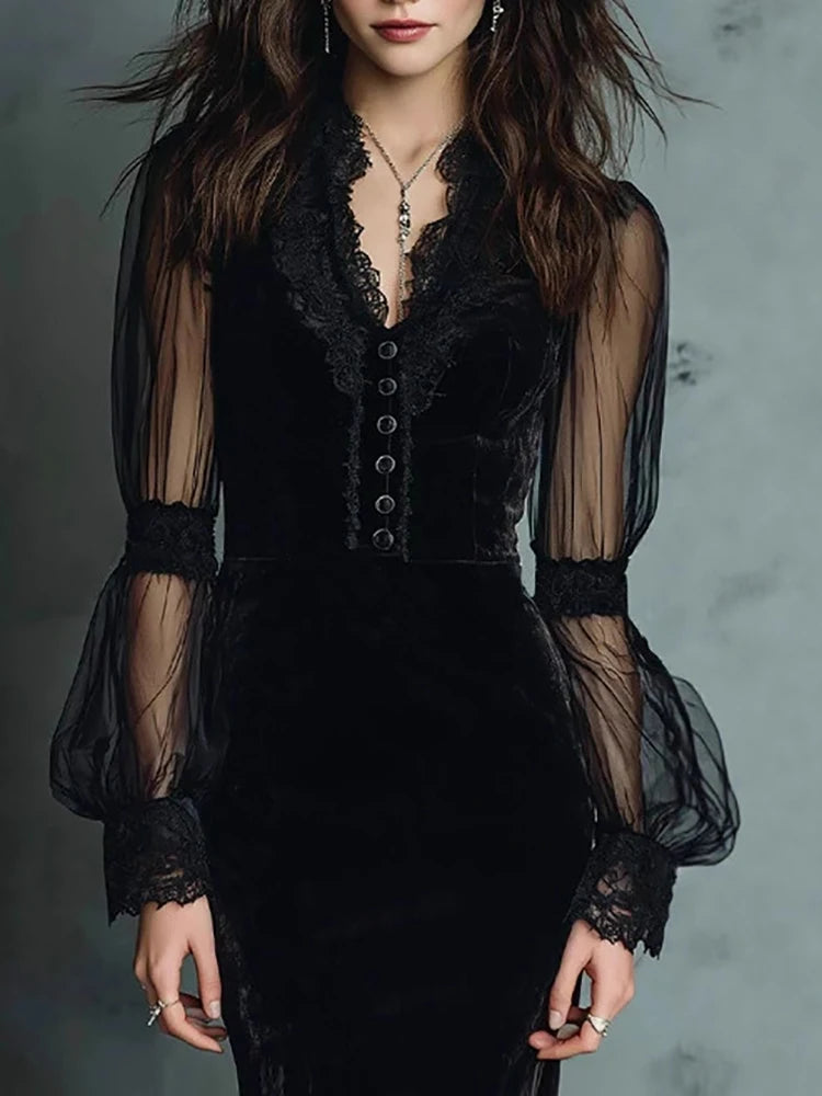 Women's Elegant Mesh Sheer Velvet Evening Dress Black Lace V Neck Vintage Puff Sleeve Bodycon Dress High Street Midi Dresses