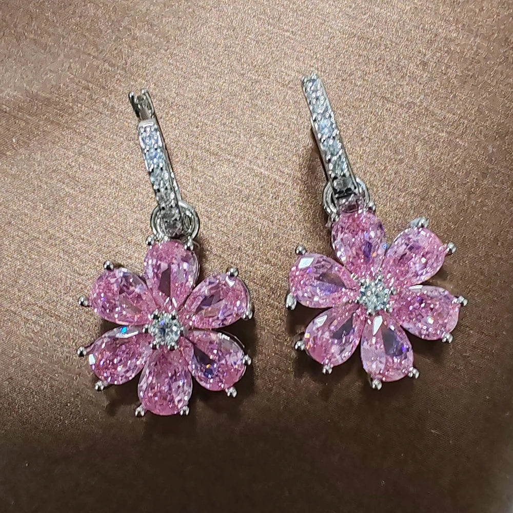 Sterling Silver Flower Zircon Drop Earrings — Pink | KIMLUD