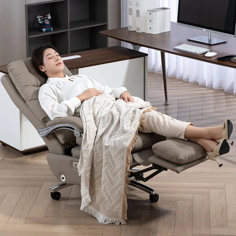Leather Executive Office Chair Electric Lift Ergonomic Reclining Support — Beige | KIMLUD