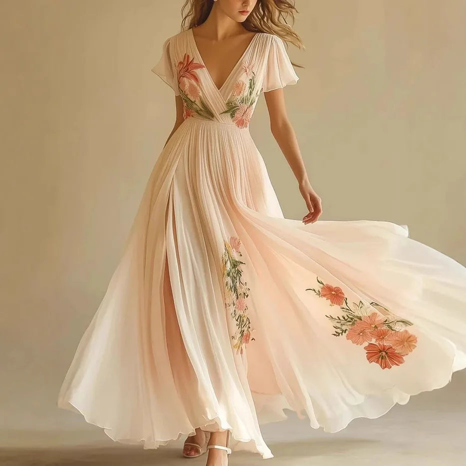 2025 Summer Elegant Women's Dress Casual Bohemian Fashion Floral Print Pleated Dress Sexy V-Neck Short Sleeve Maxi Dresses