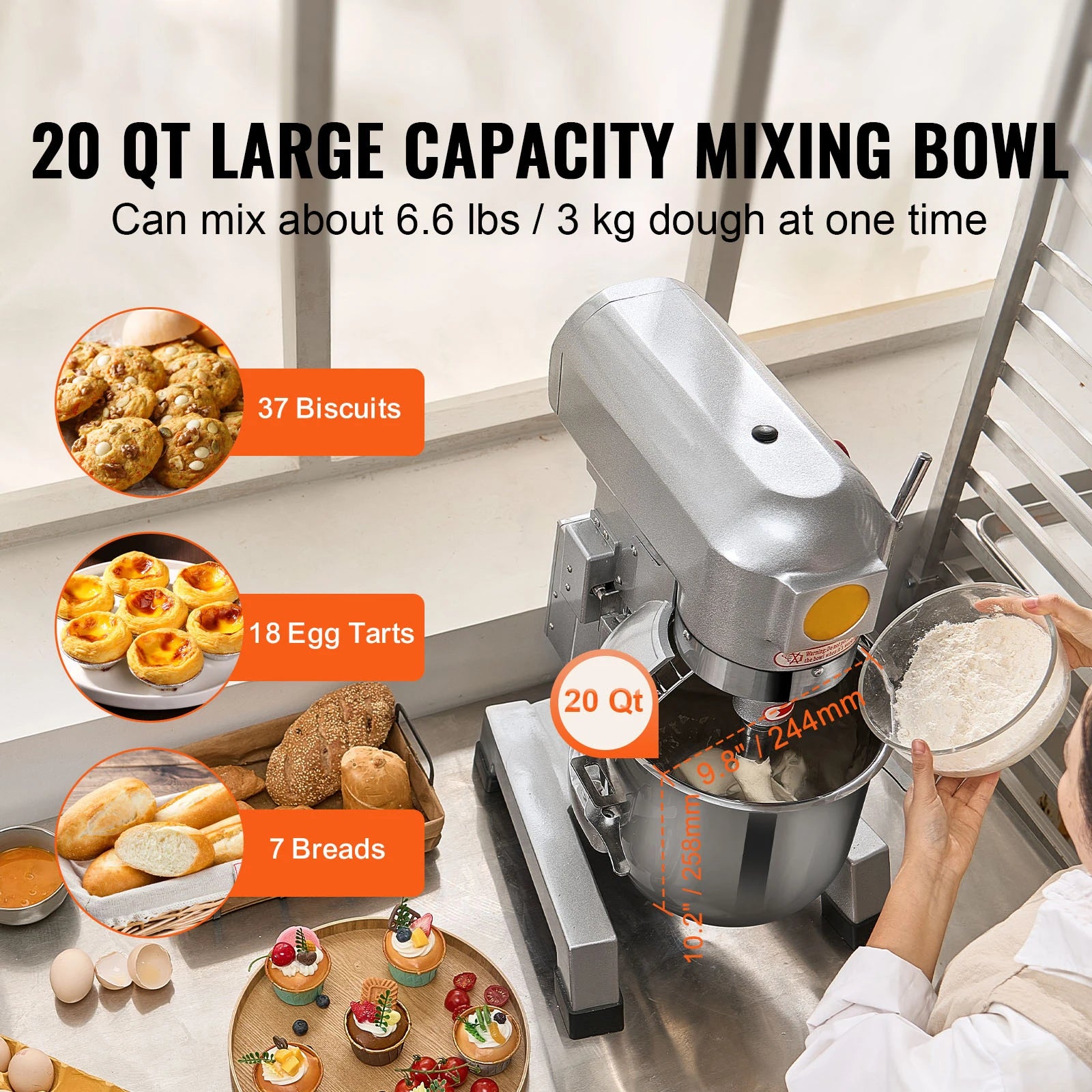 SucceBuy Commercial Food Mixer Commercial Stand Mixer with 3 Speeds Dough Mixer with Stainless Steel Bowl and 3 Attachments