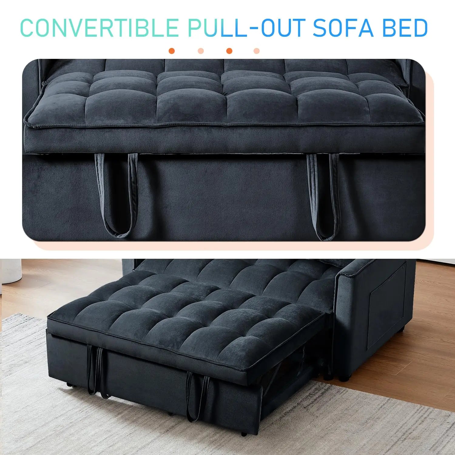 Velvet Sofa Bed 3-in-1 Convertible — Black | KIMLUD
