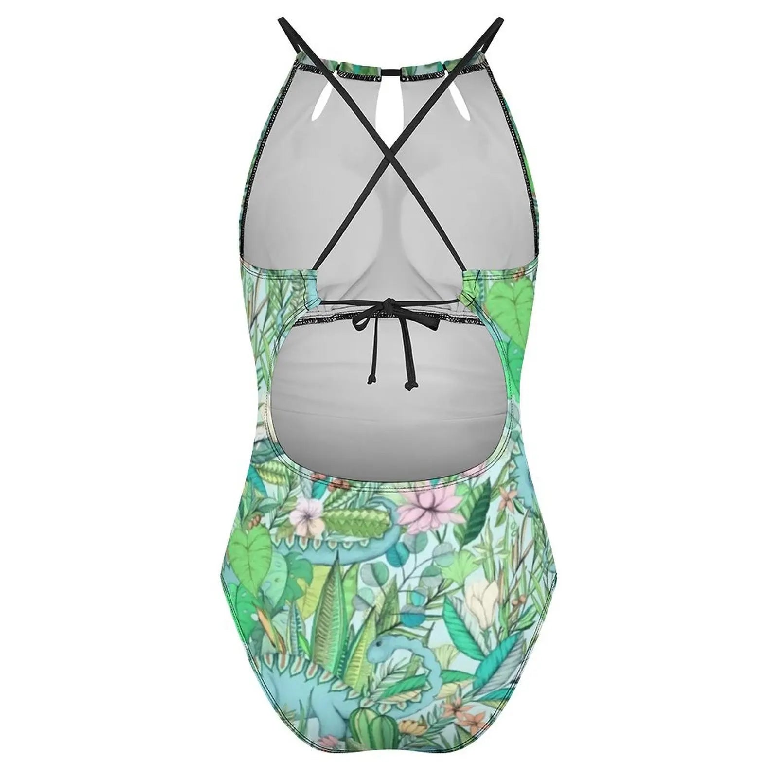 Halter One-Piece Swimsuit With Botanical Dinosaurs Print — Pastel Green | KIMLUD