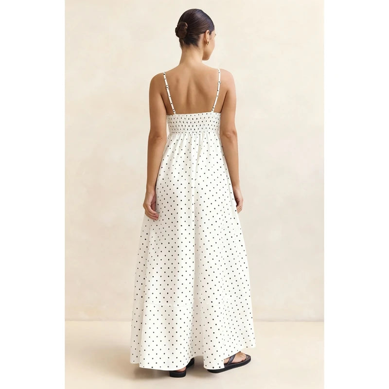 A-Line Dot Print Slip Dress Spaghetti Strap — Brown With White Dots | KIMLUD