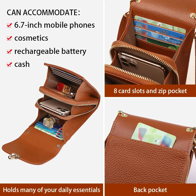 Crossbody Bag – 8 Card Slots – Genuine Leather – Lychee Pattern | KIMLUD