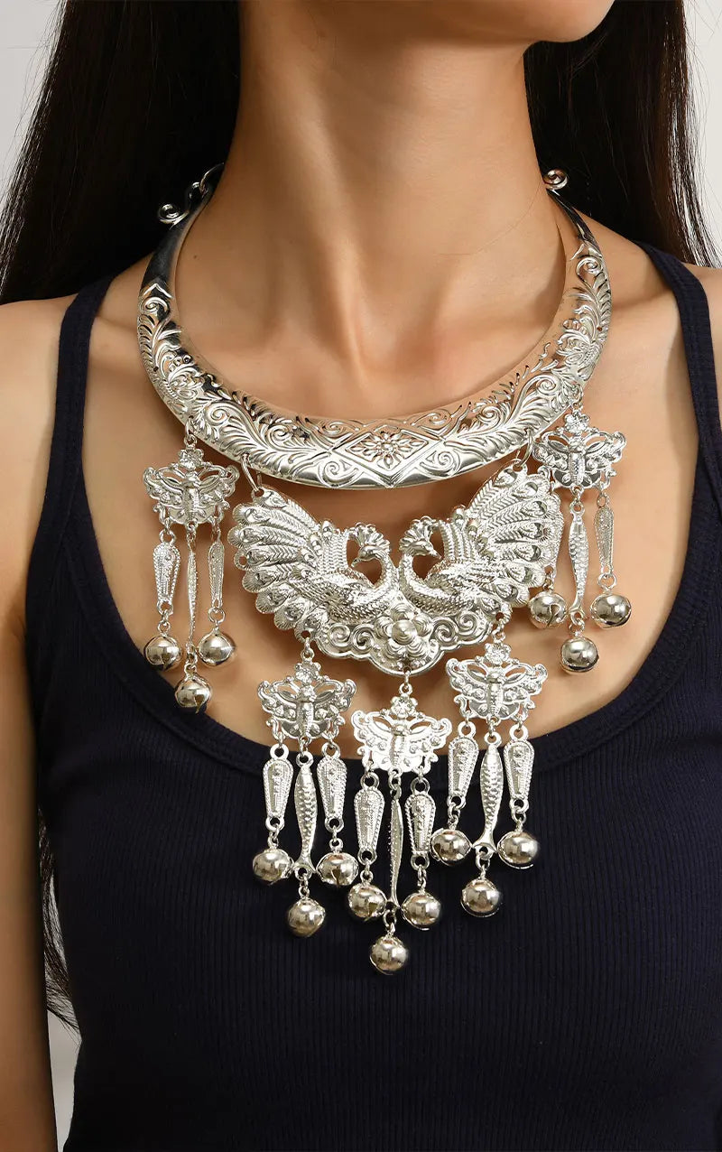 Layer Necklace - Ethnic Miao Retro - Zinc Alloy - Silver | KIMLUD