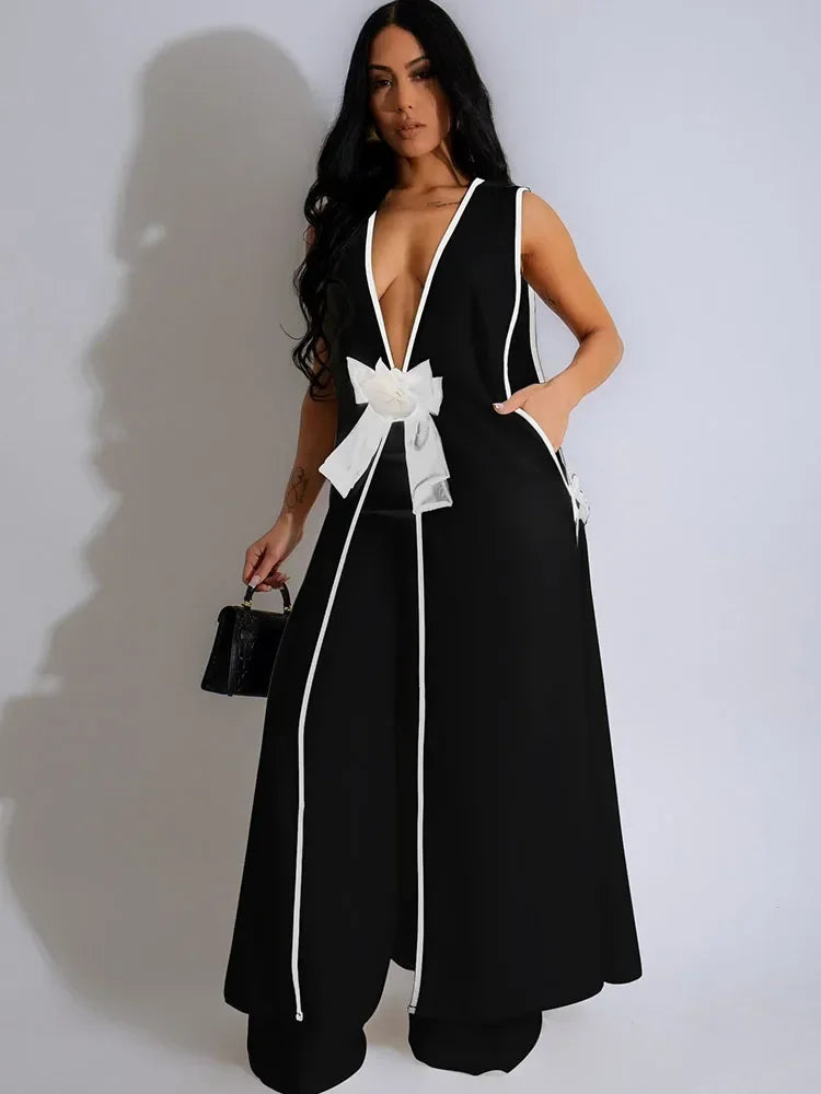 Bow Tie Matching Sets V-Neck Sleeveless Top And Wide-Leg Pants — Black | KIMLUD