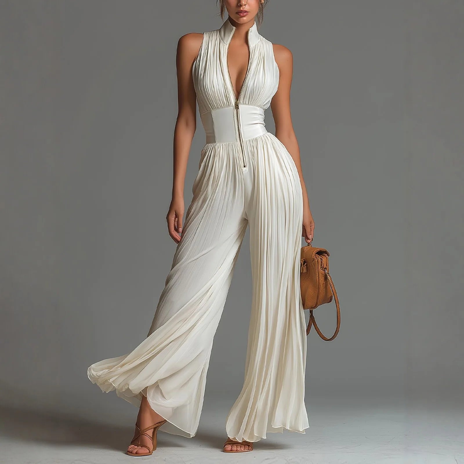 Spring Summer Women White Ruched Halter Jumpsuit Playsuit Wide Leg Romper