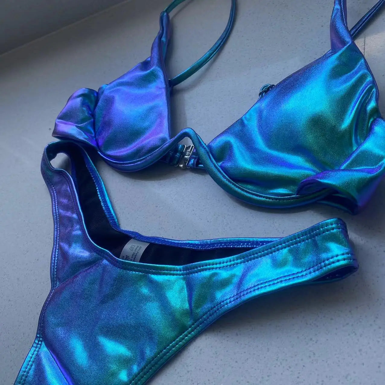 Holographic Triangle Bikini Push Up Thong Bandage Two-Piece Swimsuit — Blue | KIMLUD