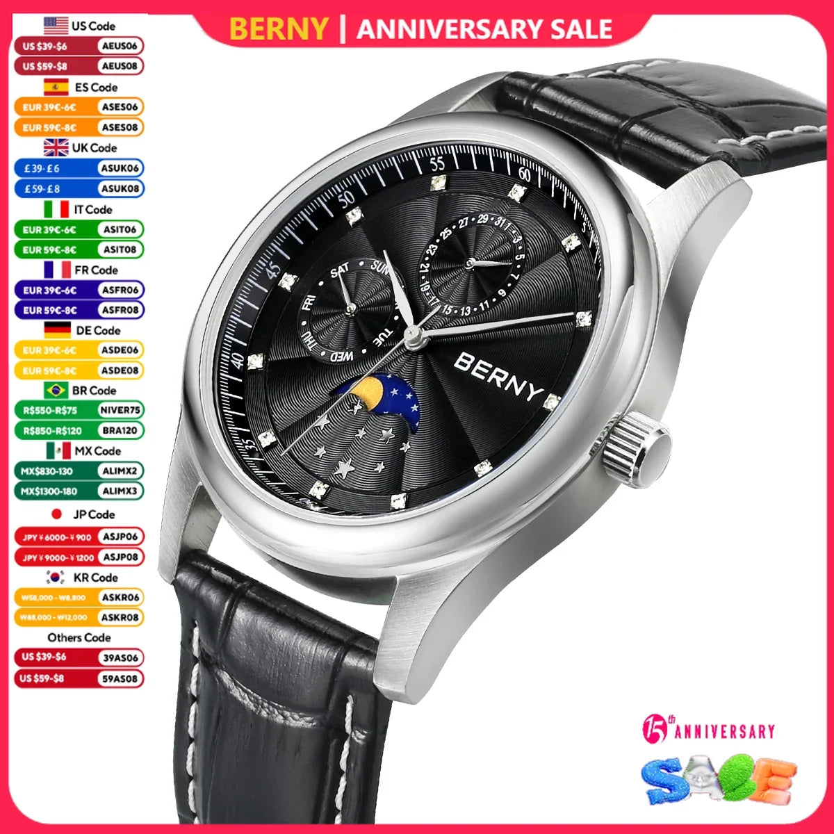 BERNY Men Watch Date Weeks Moon Phase Quartz Watches for Men Stainless Steel Leather Strap Business Wristwatch Male Clock