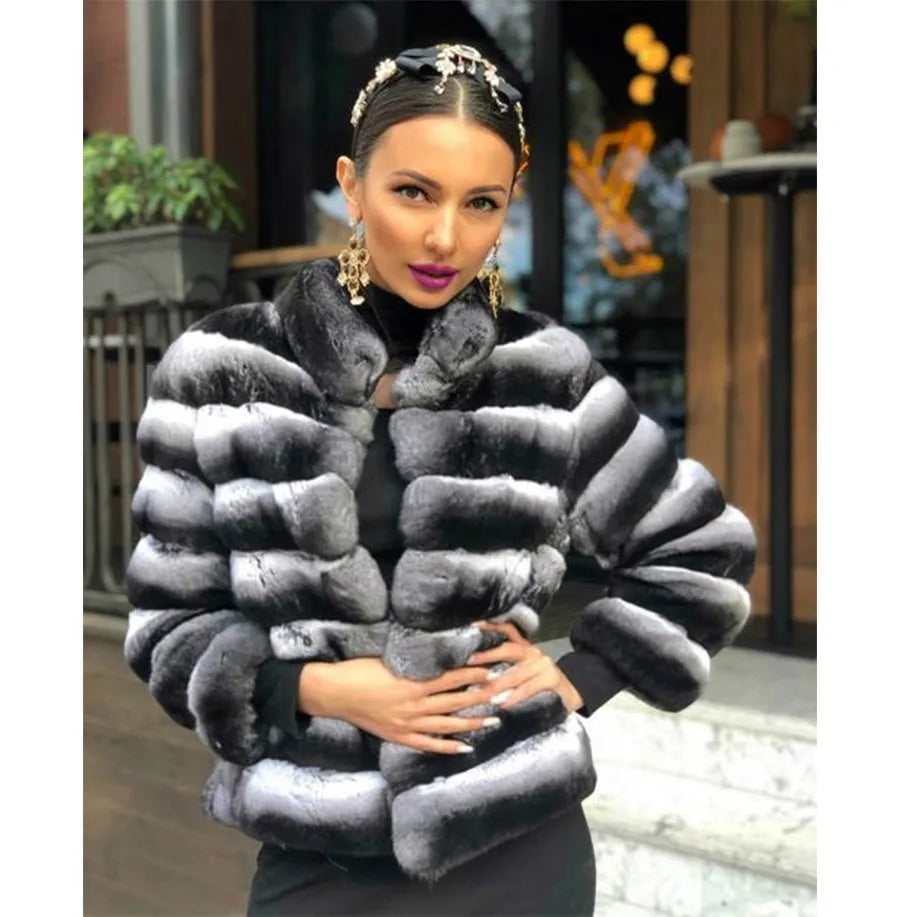 KIMLUD, Real Rex Rabbit Fur Coat Women Luxury Natural Fur Short Coat Best Selling Winter Outerwear Chinchilla Fur, KIMLUD Women's Clothes