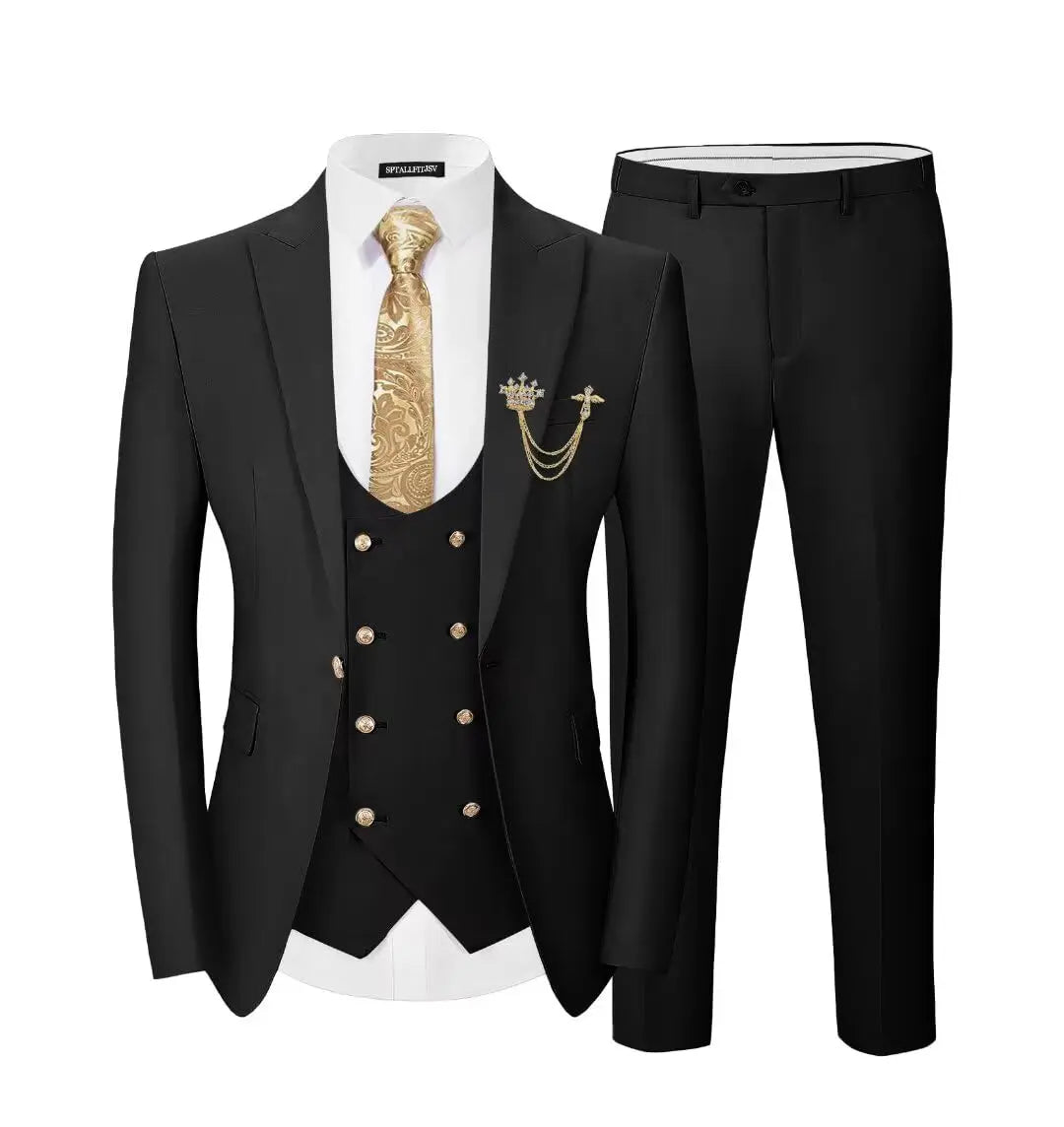 Men's 3-Piece Suit Set Classic One Gold Button Slim Fit Blazer Vest Pants Formal Business Wedding Wear