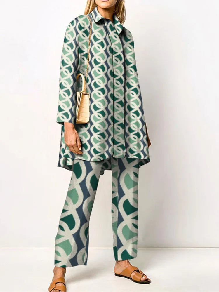 Two-Piece Set – Printed Autumn Vintage – Broadcloth – Wide-Leg Pants | KIMLUD