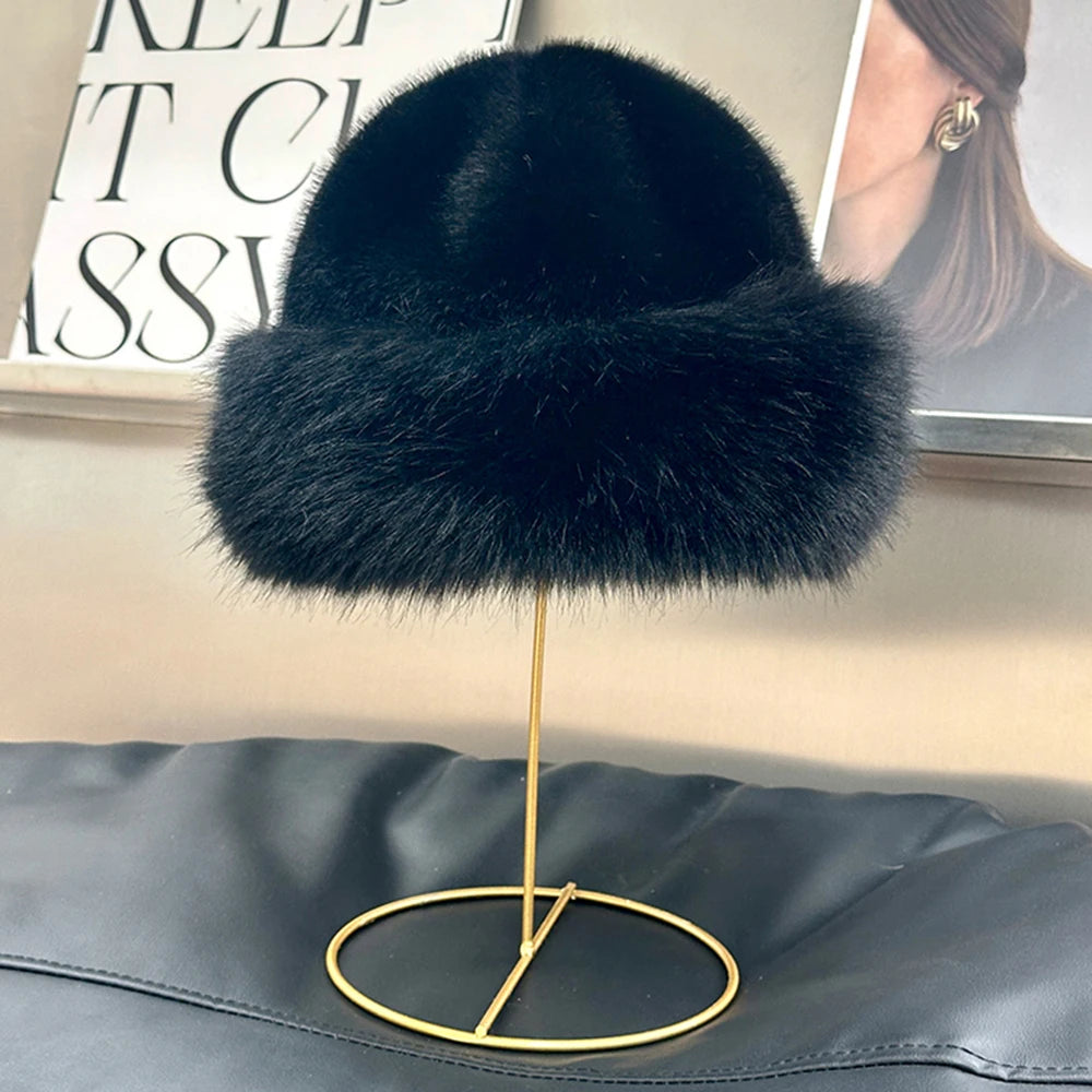 Mink Fur Hat Plush Cotton Lining Warm Winter — Black | KIMLUD
