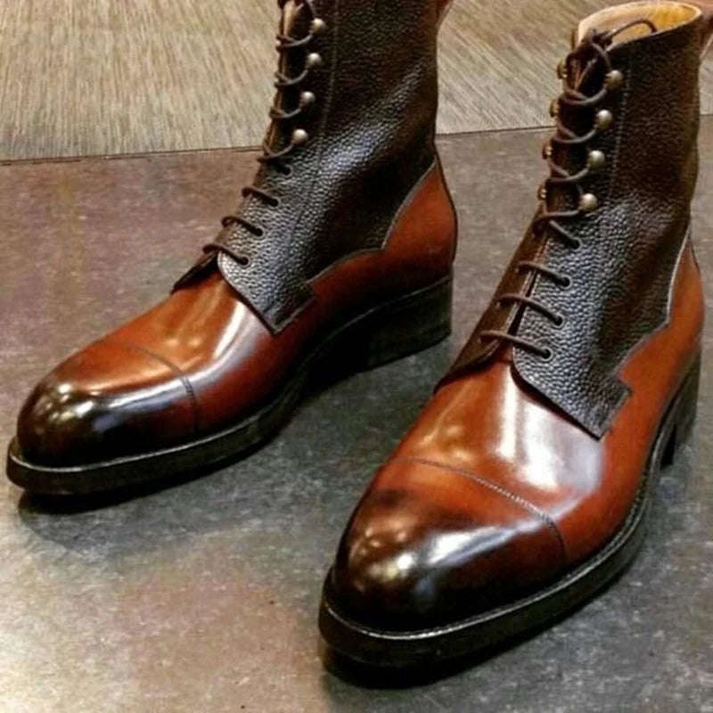 Brown Lace Up Mid Calf Men Shoes Men's Dress Shoes Leather Boots High Quality Party Shoes Fashion Big Size 48 Zapatillas Mujer