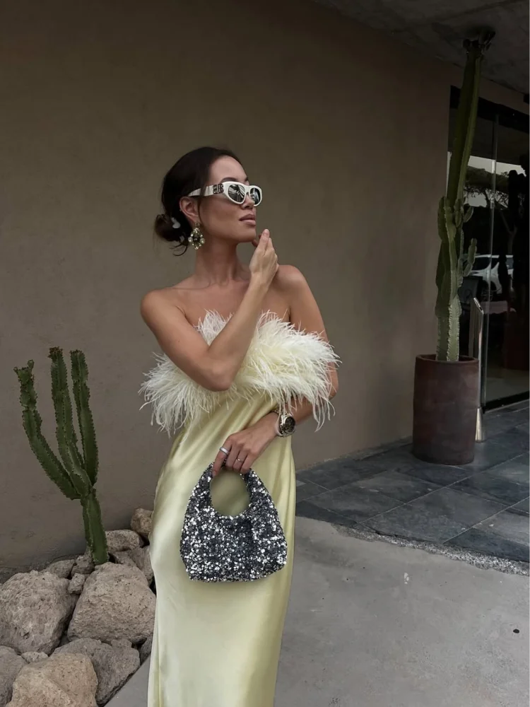 Women's Feather Strapless Dress Fashionable Sleeveless Backless Satin High Waisted Dresses 2026 Party Banquet Women's Gown