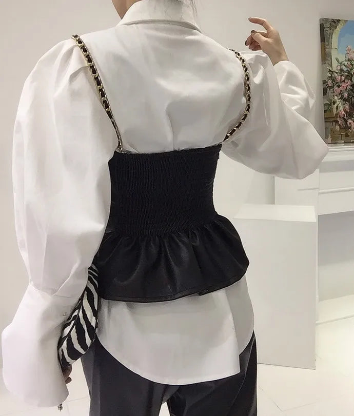 PU Leather Vest Two-Piece Shirt Set With Oversized Bubble Sleeves And Chain Detail — White | KIMLUD