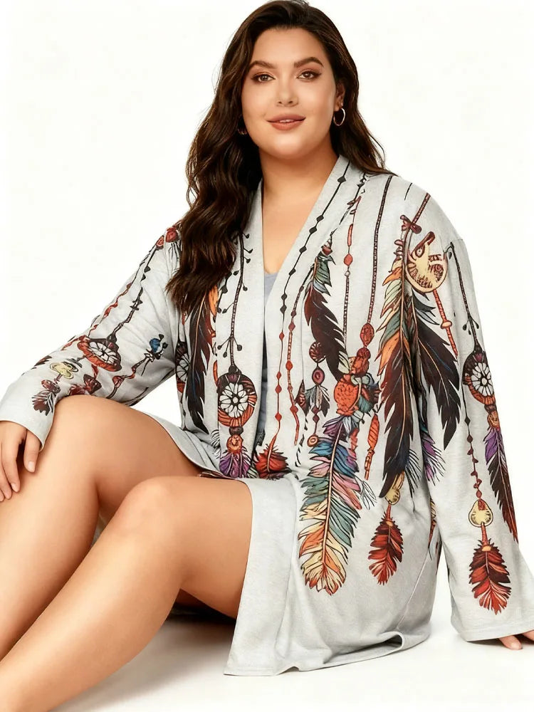 Clearance Plus Size Ethnic Print Long Sleeve Top Coat Bohe Retro Mid-Length Cardigan Daily Comfortable Female Clothing On Sale
