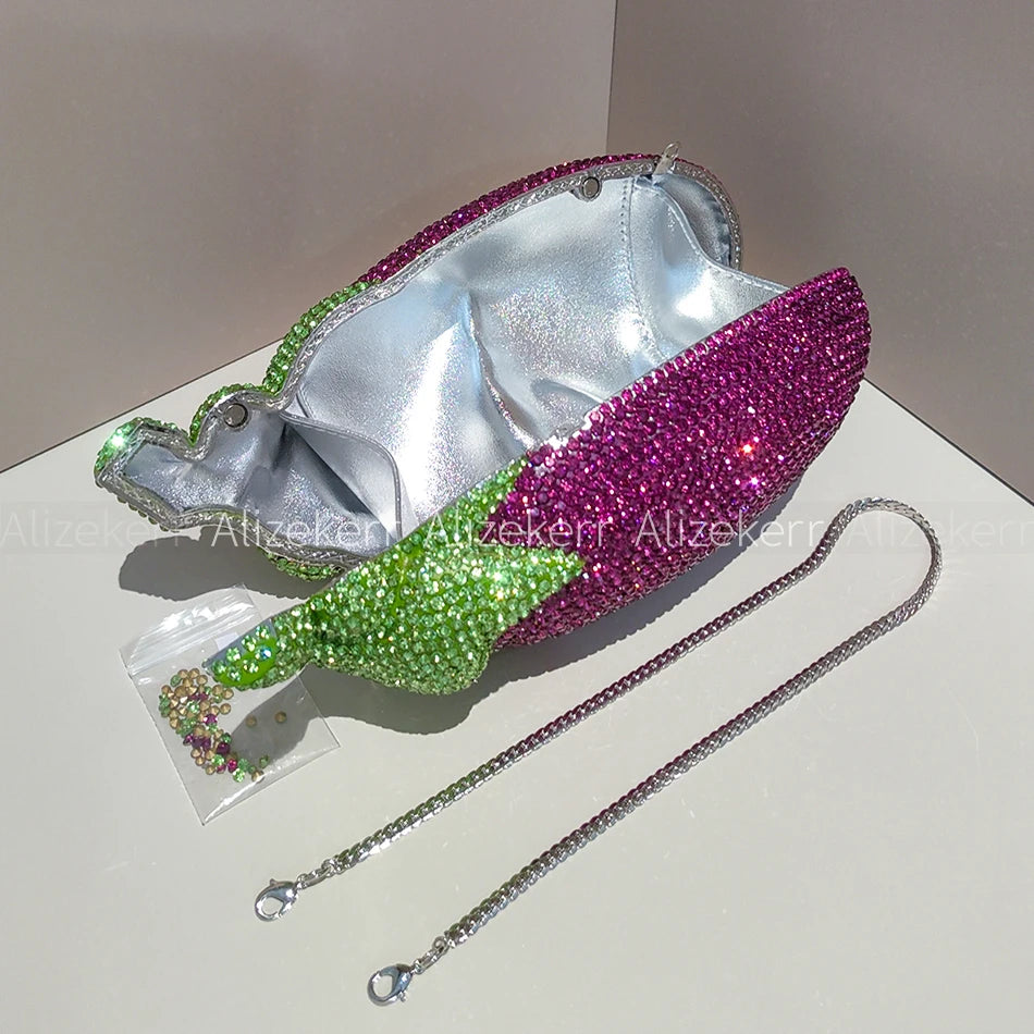 Alizekerr Eggplant Shaped Diamond Evening Bags Women Gorgeous Metallic Rhinestone Purses Ladies Unique Handbags Wedding Party