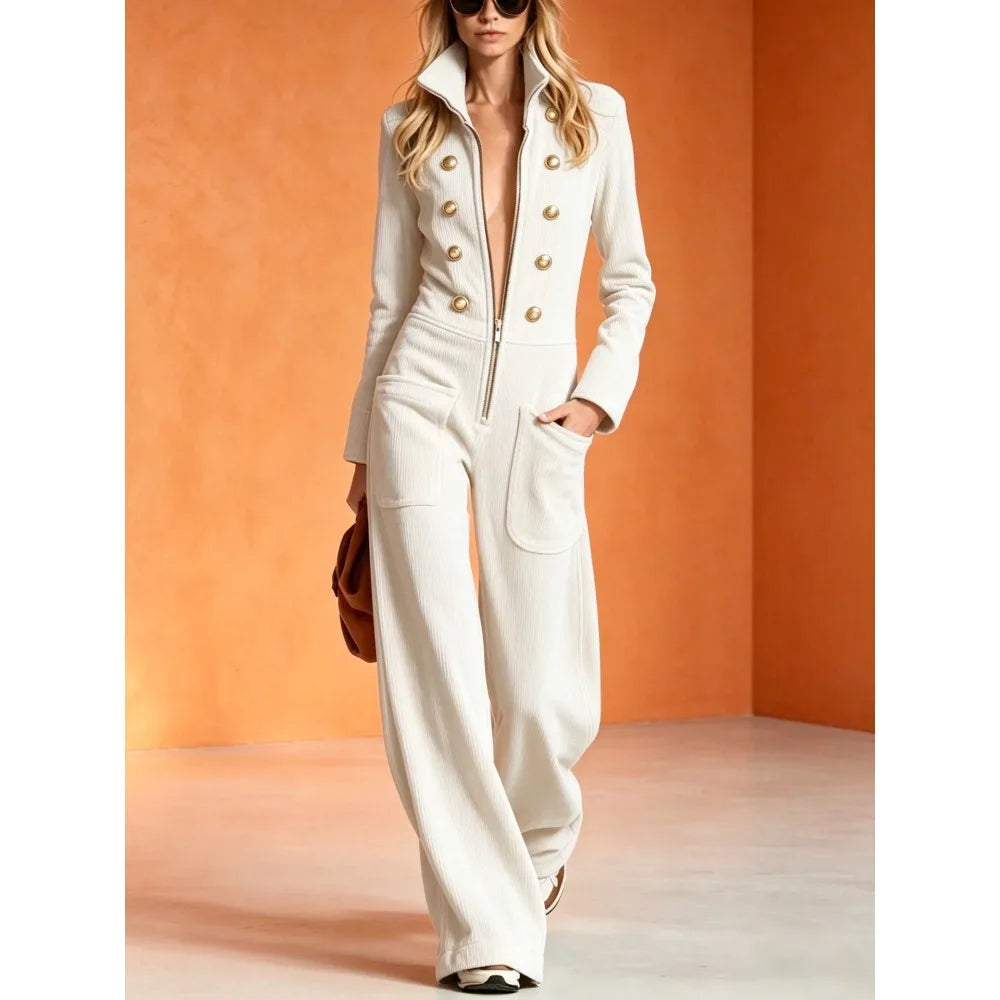 Jumpsuit - Front Zip Stand Collar - Wide Leg Silhouette - Mid Waist | KIMLUD