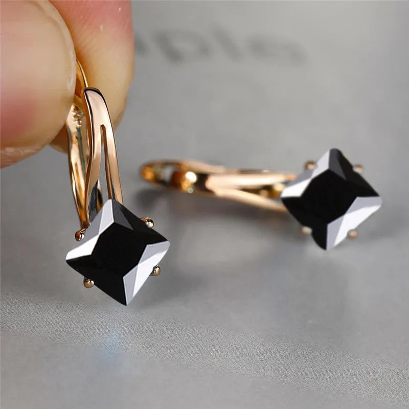 Rose Gold Hoop Earrings Square-Cut Cubic Zirconia — Rose Gold | KIMLUD