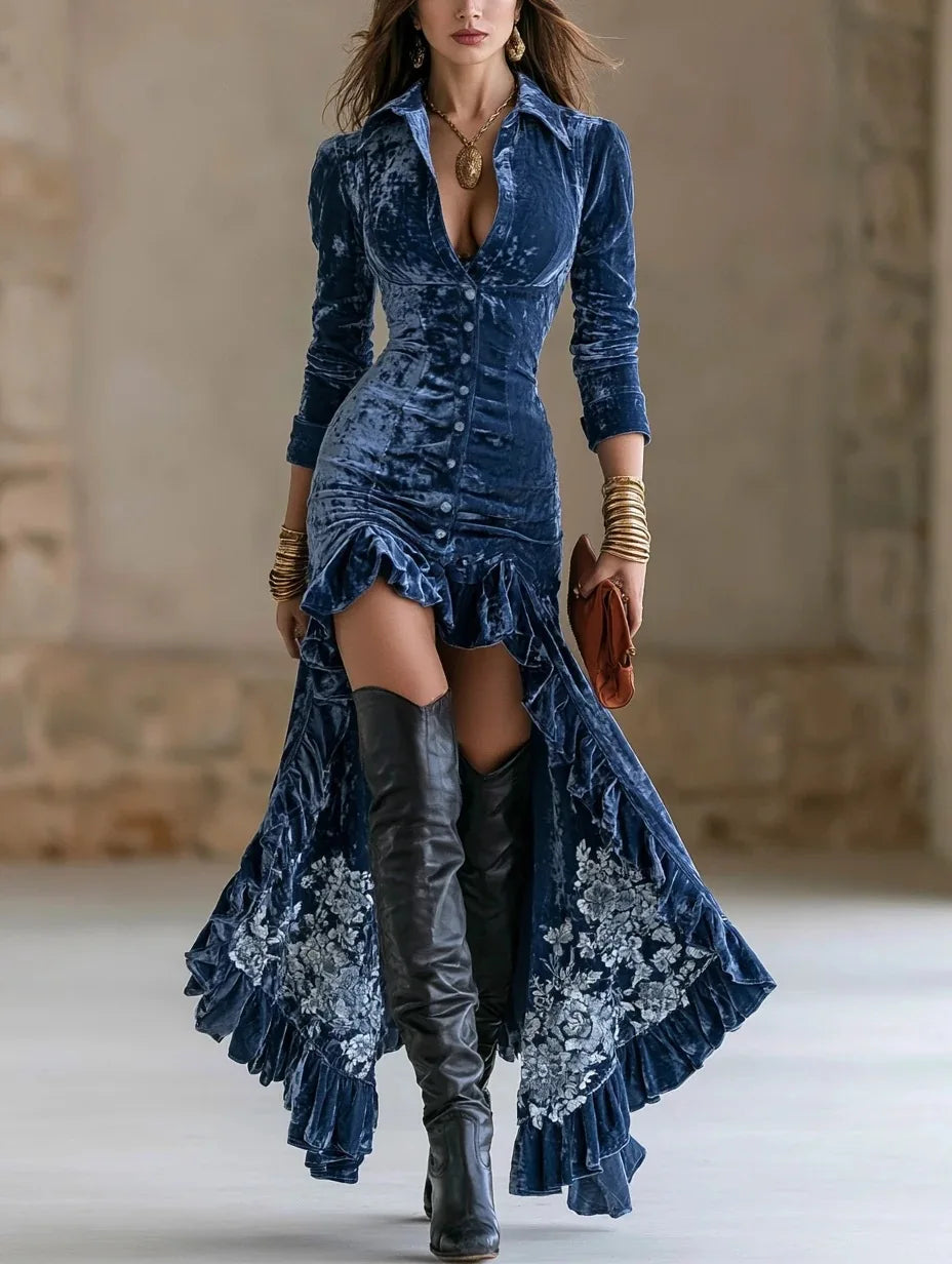 Women Deep V Neck Long Sleeve Velvet Dress Autumn New Swing Pleated Long Dress Autumn Long Sleeve Elegant Party Dresses