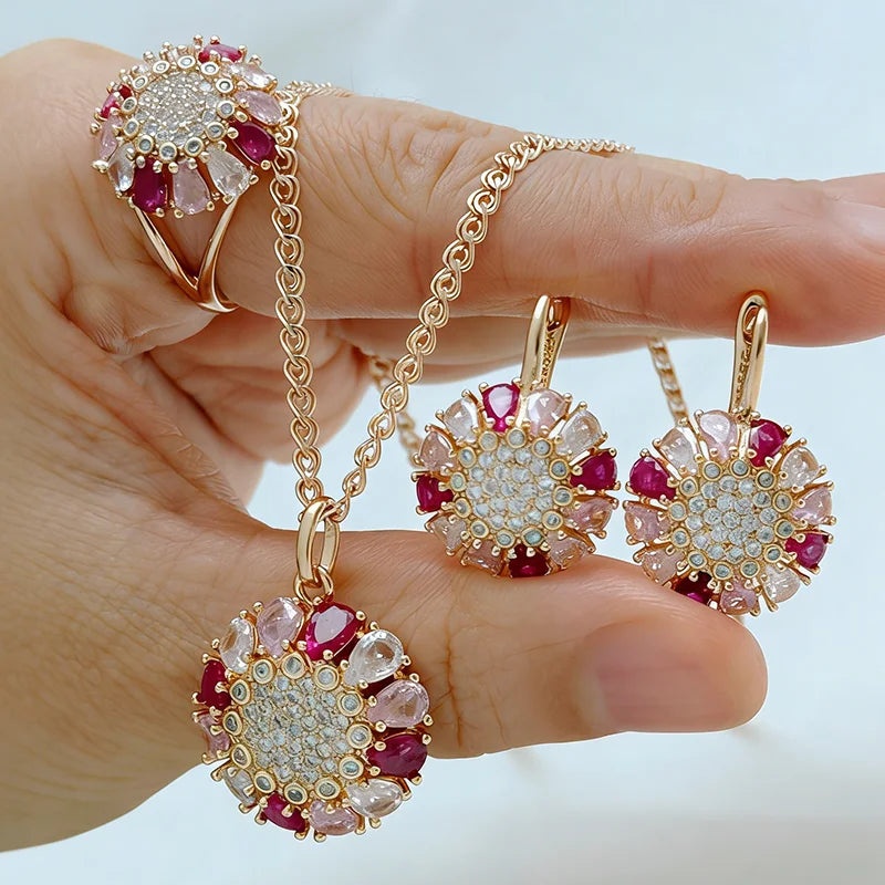 Rose Gold Jewelry Set Necklace Earrings Ring — Rose Gold | KIMLUD