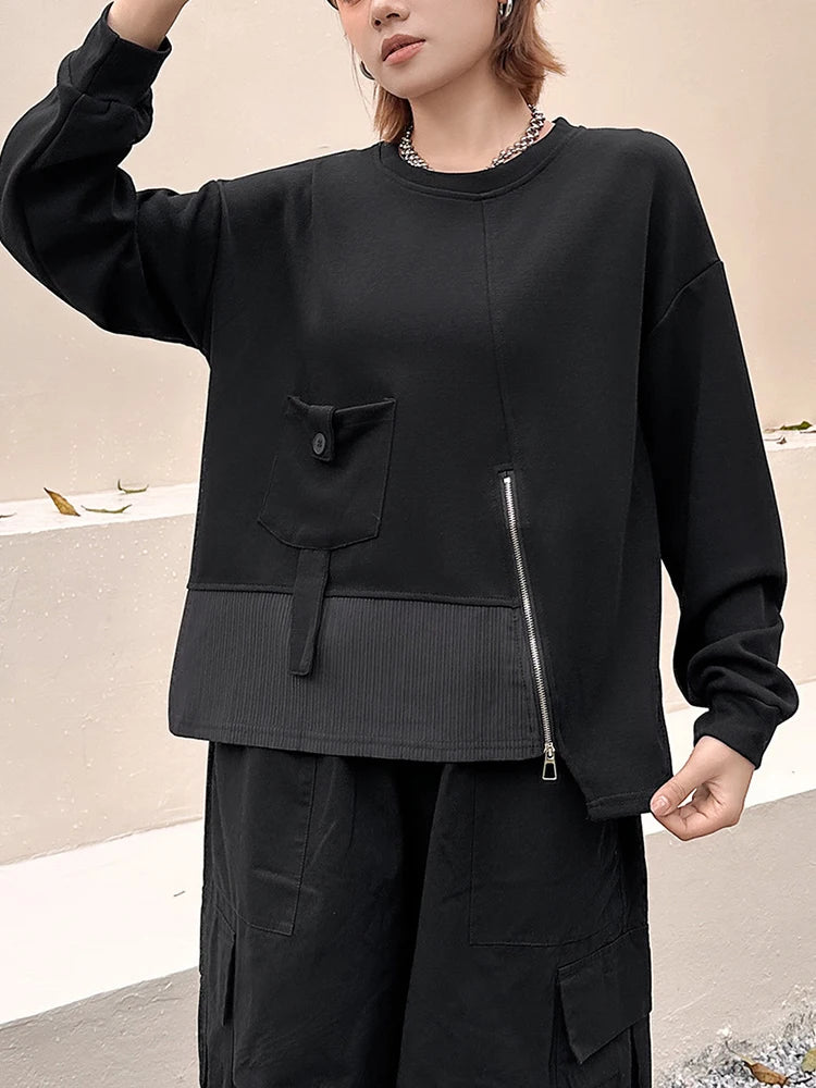 Sweatshirt - Pocket Zipper - Jersey - Black | KIMLUD