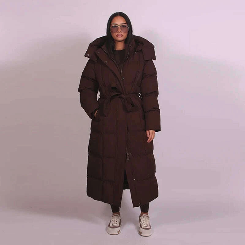 Warm Women's Puffy Quilted Hooded Long Cotton Coat Loose Solid Stand Collar Lace Up Zipper Overcoats 2025 Winter Lady Outwear