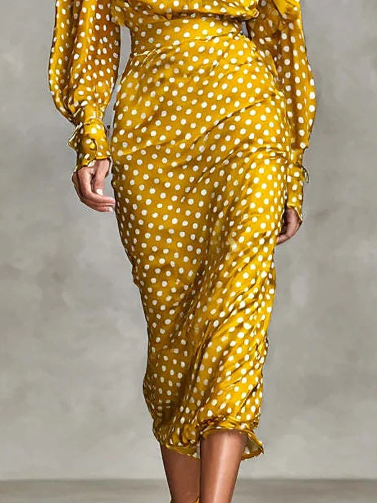 Holiday Dot Printing Simple Outfit, Women Spring Autumn Long Sleeve Elegant 2PCS Sets, Straight Skirts Fashion Chic Ladies Suits