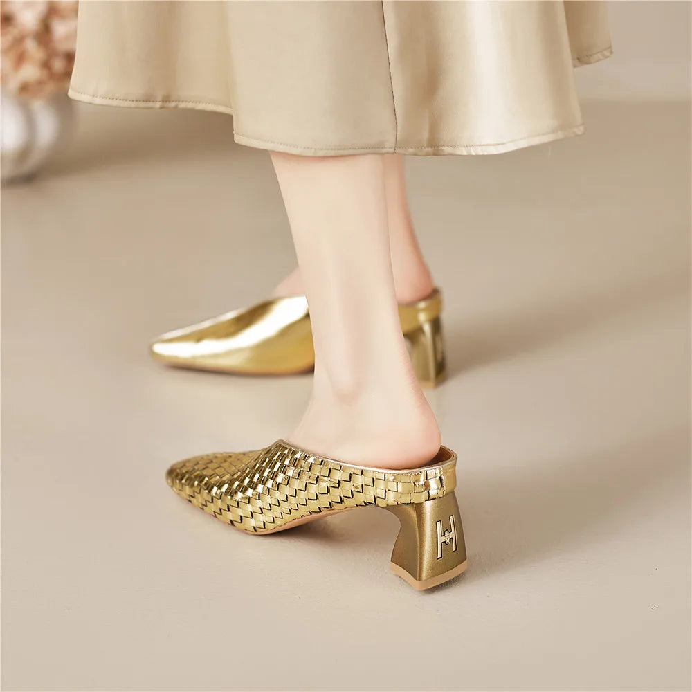 Metallic Cow Leather Slip-On Heels — Gold | KIMLUD