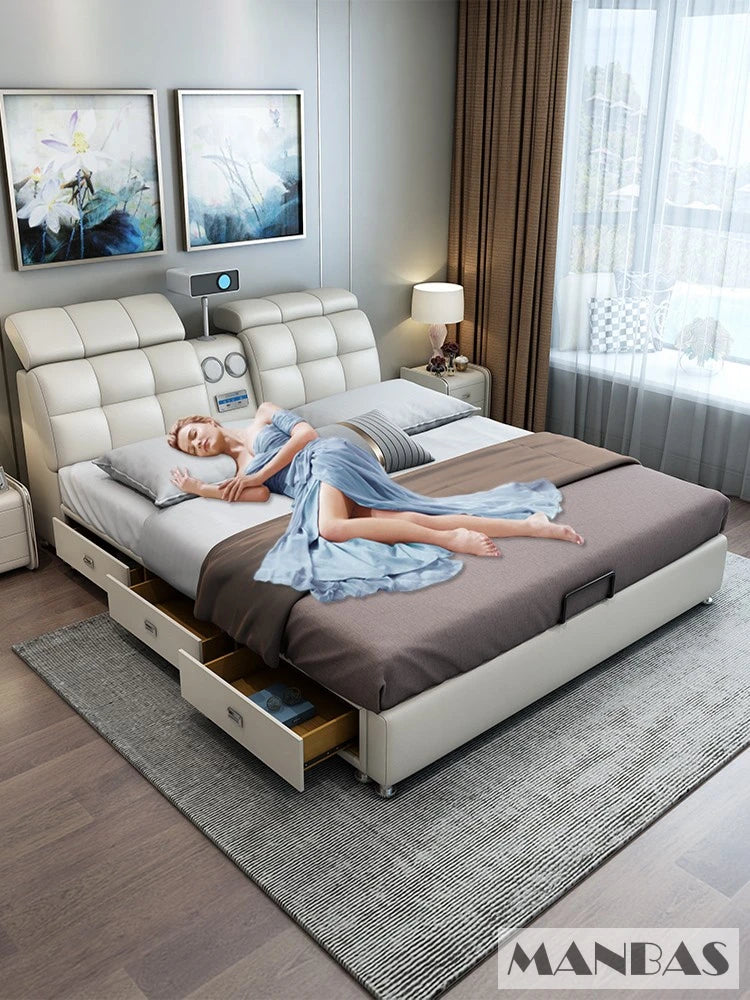 Genuine Leather Bed Frame Smart Multifunctional Tech — Ivory | KIMLUD
