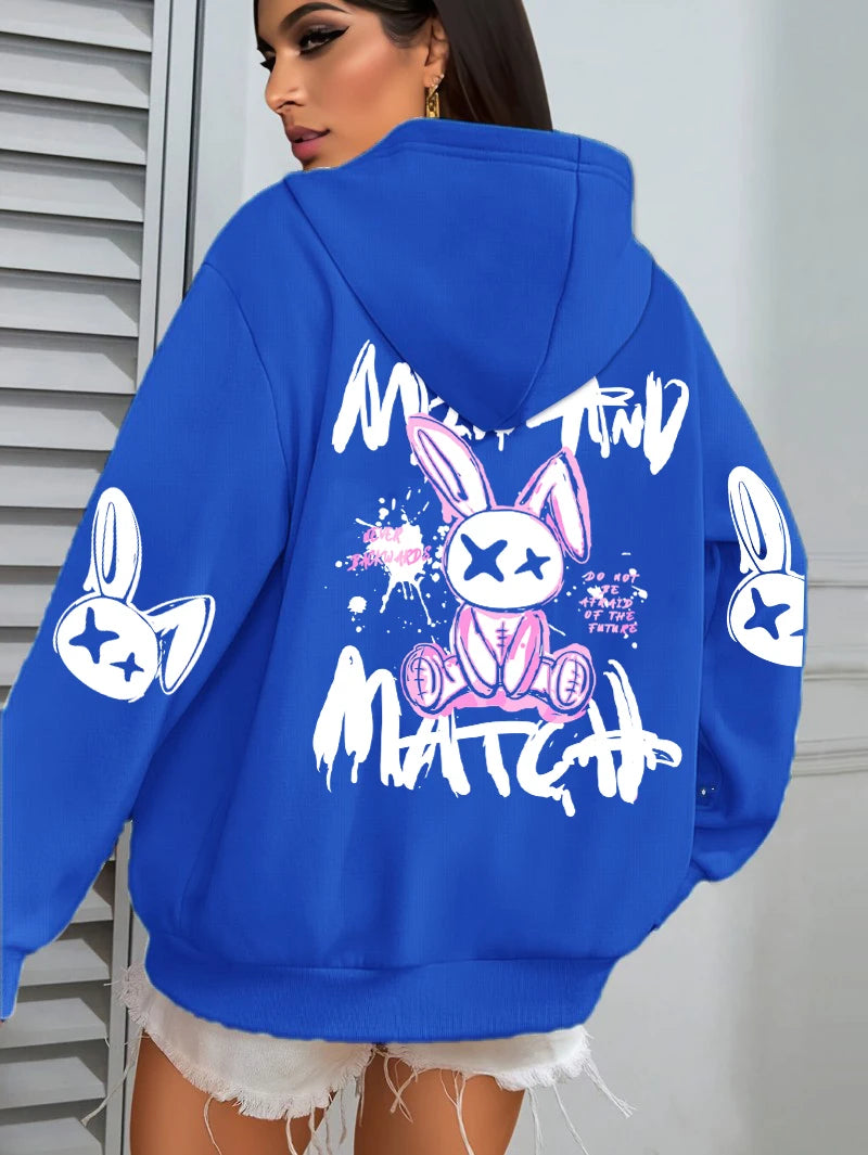Hoodie – Cartoon Rabbit Prints – Loose Silhouette – Hooded | KIMLUD
