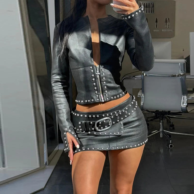 Jacket Skirt Set - Studded Trim - Cropped Zip-Up - Women | KIMLUD