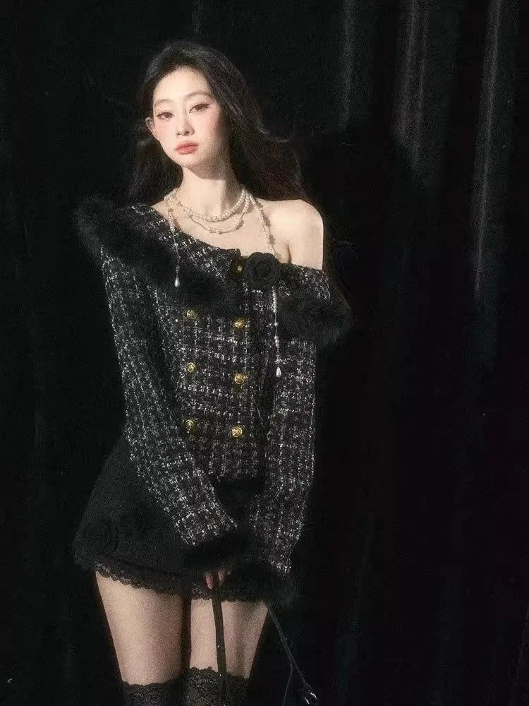 KIMLUD, New Winter Elegant Fashion 2 Piece Set Women Off Shoulder Long Sleeve Cardigan Coat +Mini Skirt French Casual Chic Retro Outfits, KIMLUD Womens Clothes