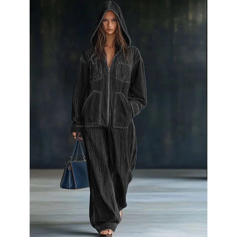 Autumn Winter Hooded Jumpsuits for Women Hoodie Long Sleeve Zip Loose Pocket Wide Leg Trousers One Piece Romper Vintage Outfits